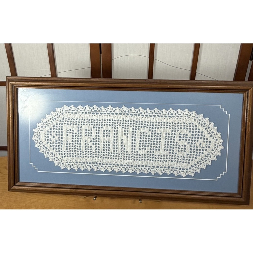 Framed Vintage Filet Crocheted Doily Spelling The‎ Name FRANCIS 22x10